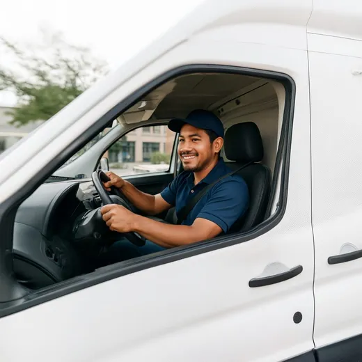 Conductor de reparto sonriendo al volante de su van de trabajo
